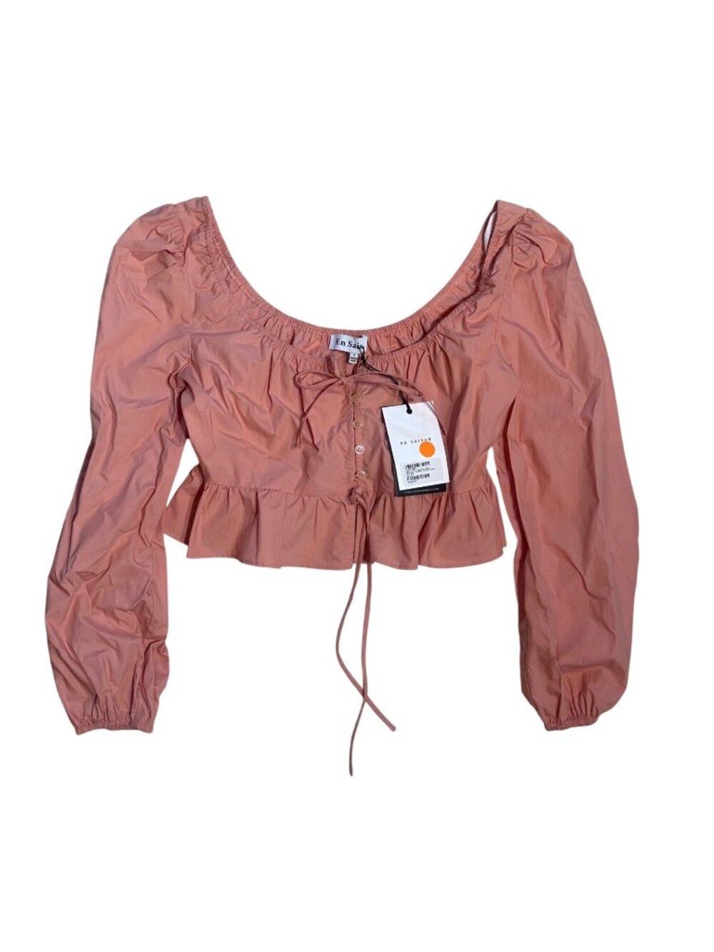 En Saison Coral Clasped Blouse With Ruffle Hem & Puff Sleeves Small
